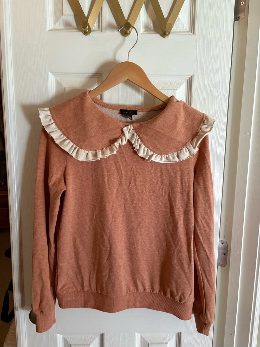 Anthropologie Current Air Ruffle Collar Sweater in Blush-tan and Cream